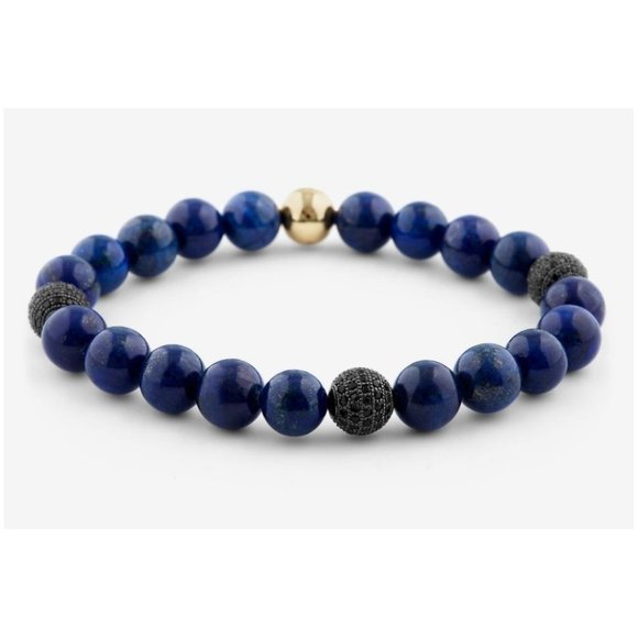 10mm Blue Lapis Lazuli with CZ Black Crystal Ball Stretch Bracelet - Picture 1 of 9